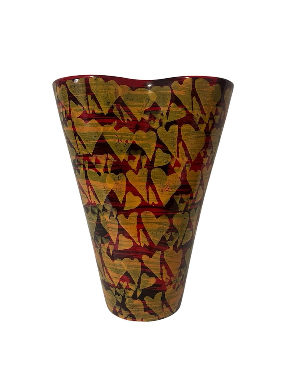 Italian Art Ceramic Vase with Red and Yellow Heart-shaped Patterns